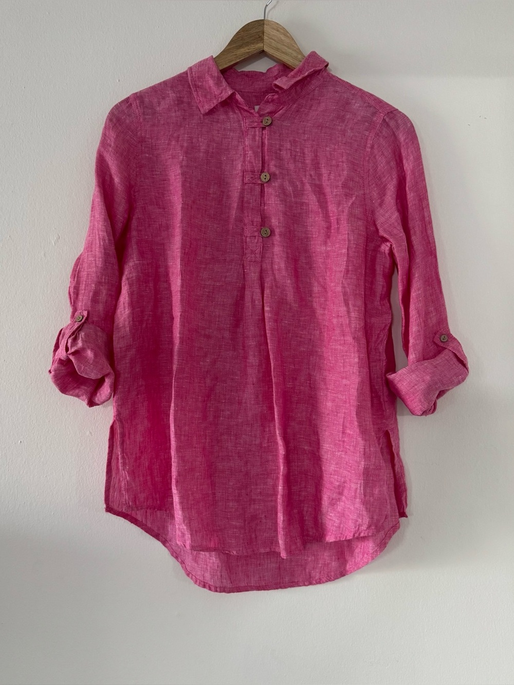 Sigrid Olsen 100% Linen Tunic Shirt S Pink Long Sleeve Collared Boho Euro Summer
